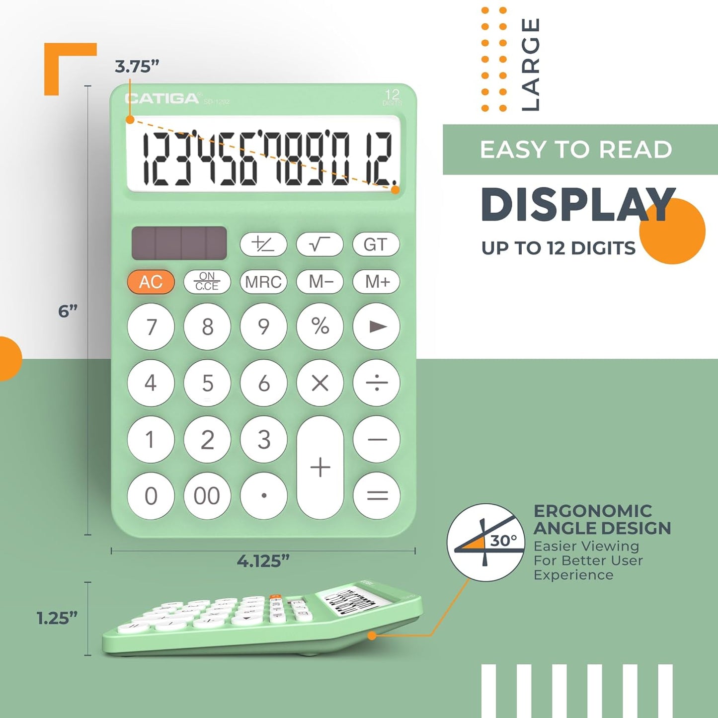 CATIGA 12 Digit Desktop Calculator Basic Desk Calculator with Large LCD Display, Big Buttons, 4 Function, Solar and Battery Dual Power, for Office, School, Home, SD-1292 Mint