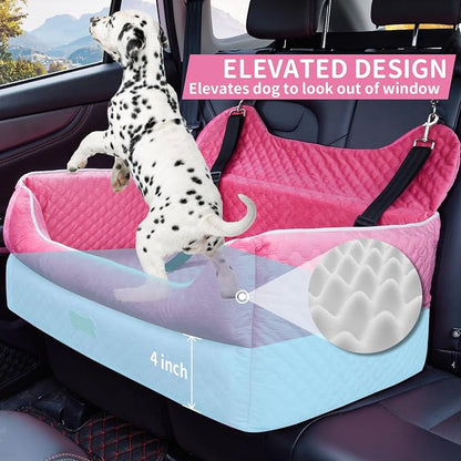 Dog Car Seat for Large/Medium Dogs - Memory Foam Dog Booster Seat for Under 55Lbs or 2 Small Dogs-Detachable and Washable Travel Bed with Thick Cushion and Storage Pockets-Pink