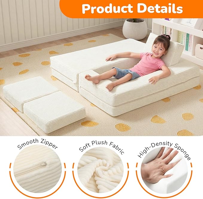 MeMoreCool Modular Kids Couch, Corduroy Play Toddler Couch
