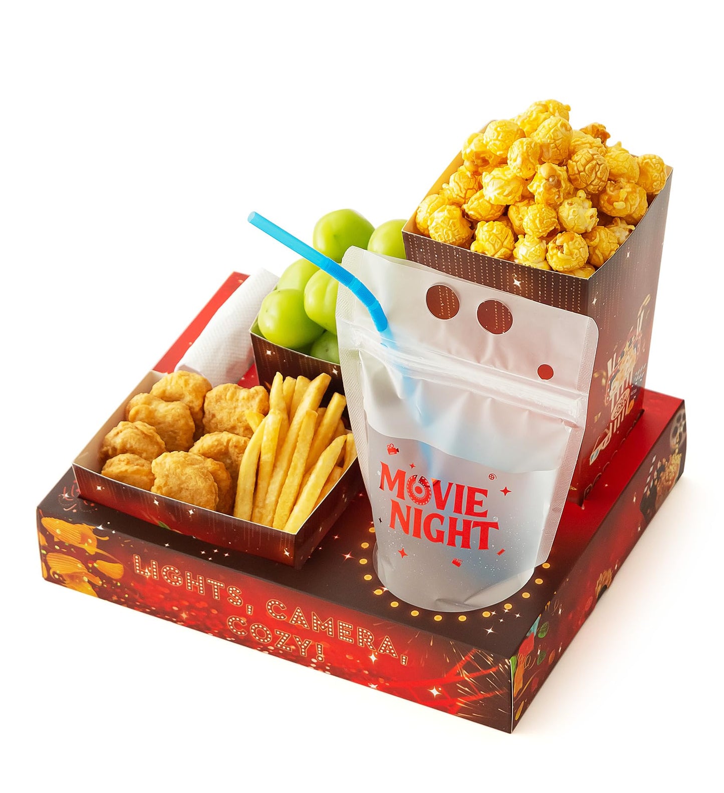 Baffect Movie Night Snack Trays 140pcs, Include Movie Snack Trays, Drink Pouches With Straws, Popcorn Boxes, Salad Bowls, Nacho Bowls & Movie Party Invitations, For 20 Outdoor Movie Night Party Guests