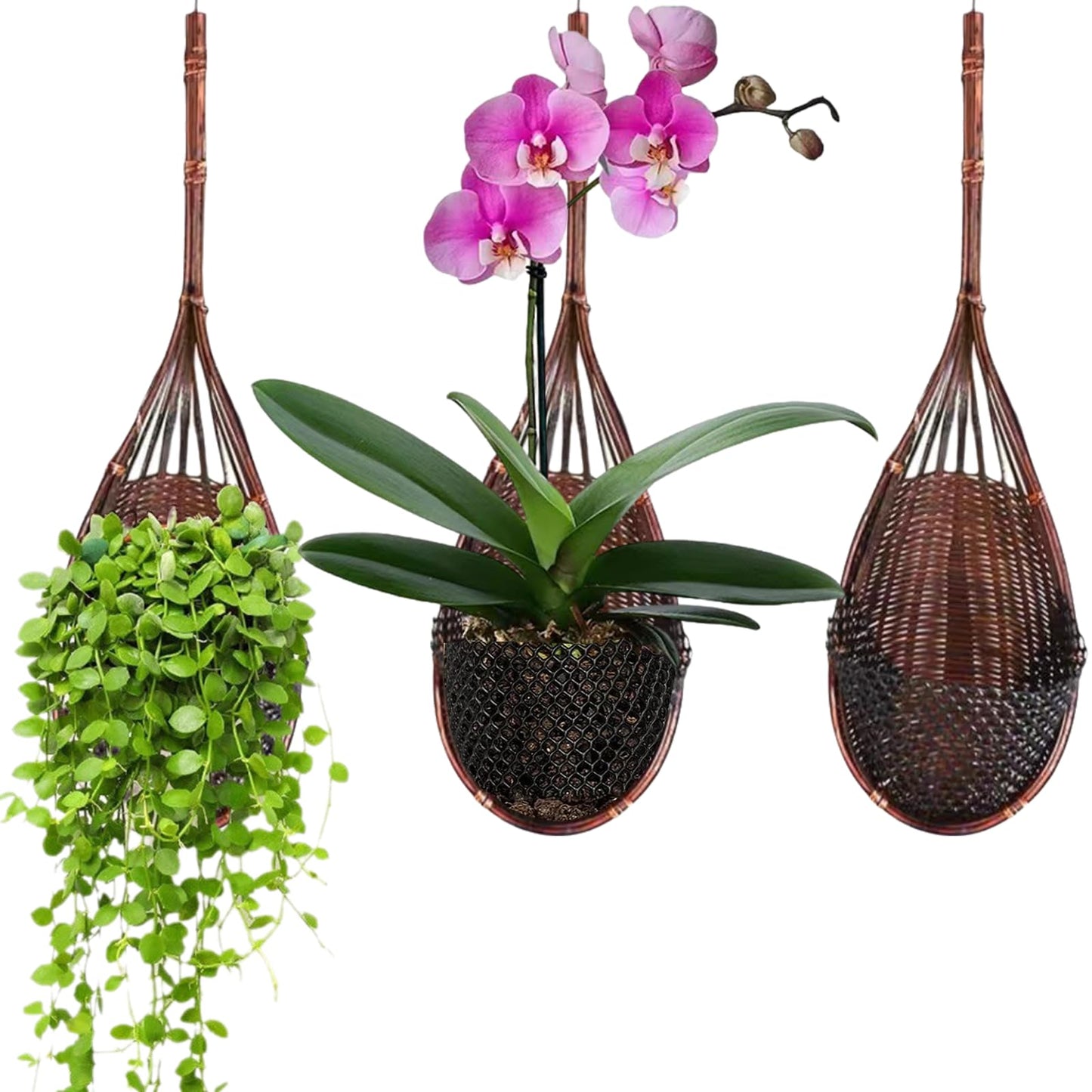 Gogeffor Hanging Orchid Planter: 3 Pack Wall Plant Pot with Adjustable Hook Breathable - 4 Inch Handmade Bamboo Flower Basket for Indoor Window Balcony Corridor Railing Garden Fence - Brown
