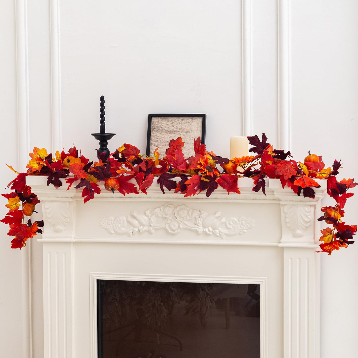 Artificial Fall Garland with Maple Leaves, Pumpkins & Berries – 7Fft Orange Autumn Garland for Thanksgiving, Fireplace Mantel, Doorway & Fall Harvest Table Decor