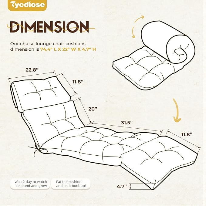 Waterproof Outdoor Chaise Lounge Chair Cushion 74.4 x 22 x 4.7 Inches Memory
