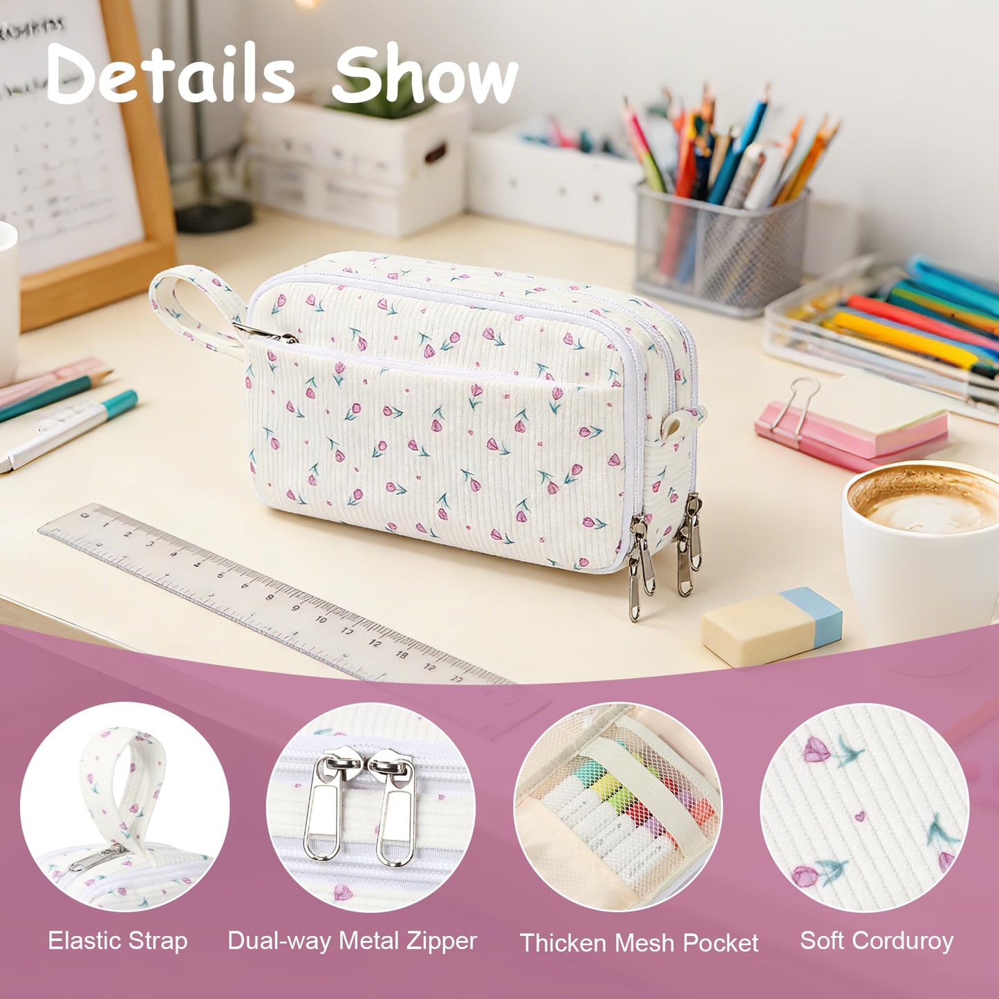 BuyCard Big Capacity Pencil Case, Corduroy Fabric, White with Purple Floral Pattern, Pencil Bag with Zipper Closure, Graduation Gift Office Stationery Storage Pen Pouch