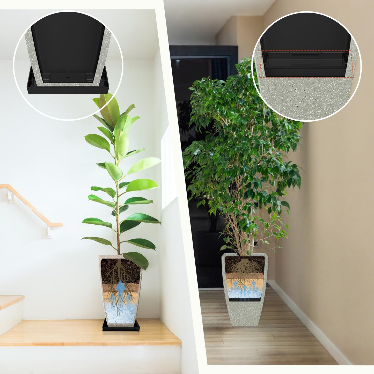 FIASON Set of 2 Large Tall 21 Inch Planter Pots Indoor/Outdoor-Matte Grey Square Flower Planters with Tray for Patio, Front Door, Deck | Weather-Resistant & Lightweight Plastic (Grey)