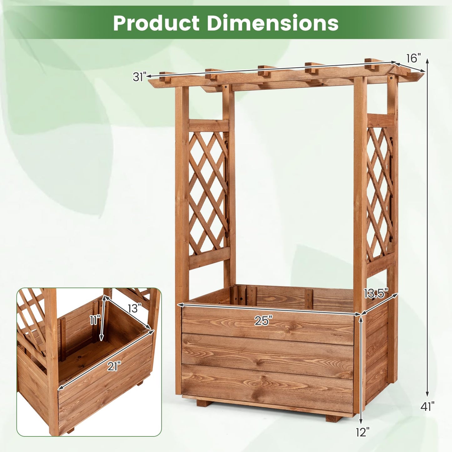 Giantex Raised Garden Bed with Sided Trellis & Roof Set 2, 31”x16”x41” Wood Elevated Planter Box, Freestanding Garden Planter Raised Bed for Flowers Herbs Climbing Vines,Brown