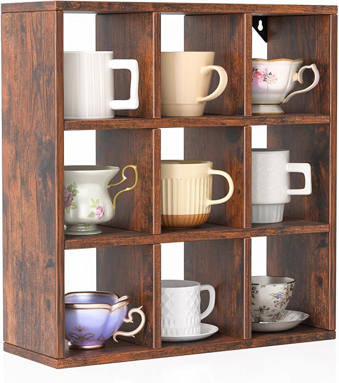 Helsin 9 Grid Vintage Coffee Mug Display Rack, 16inch Wall Mounted Wooden Curio