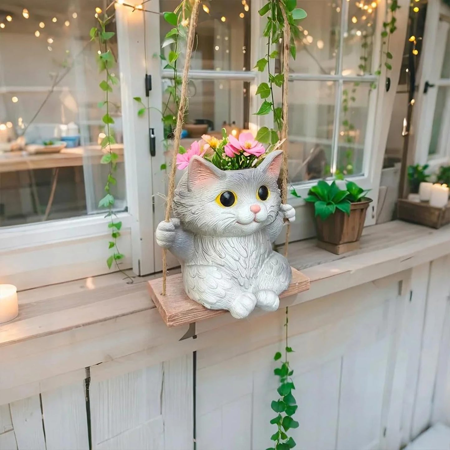 Pyoimmne Cat Hanging Planters for Indoor Outdoor Plants, Small Cute Hanging Pots for Succulent, String of Pearls Plant, Resin Hanging Flower Pots with Drainage Hole, Unique Gift, Garden Home Decor