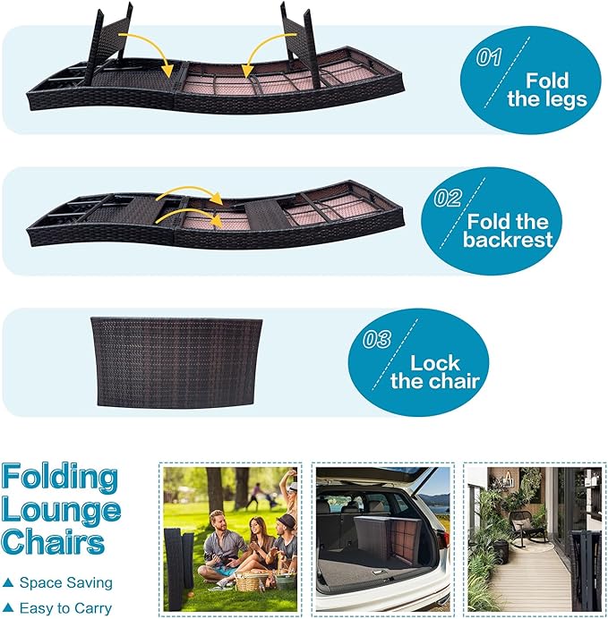 Folding Patio Chaise Lounge, Foldable Long Reclining Patio Seating Chairs