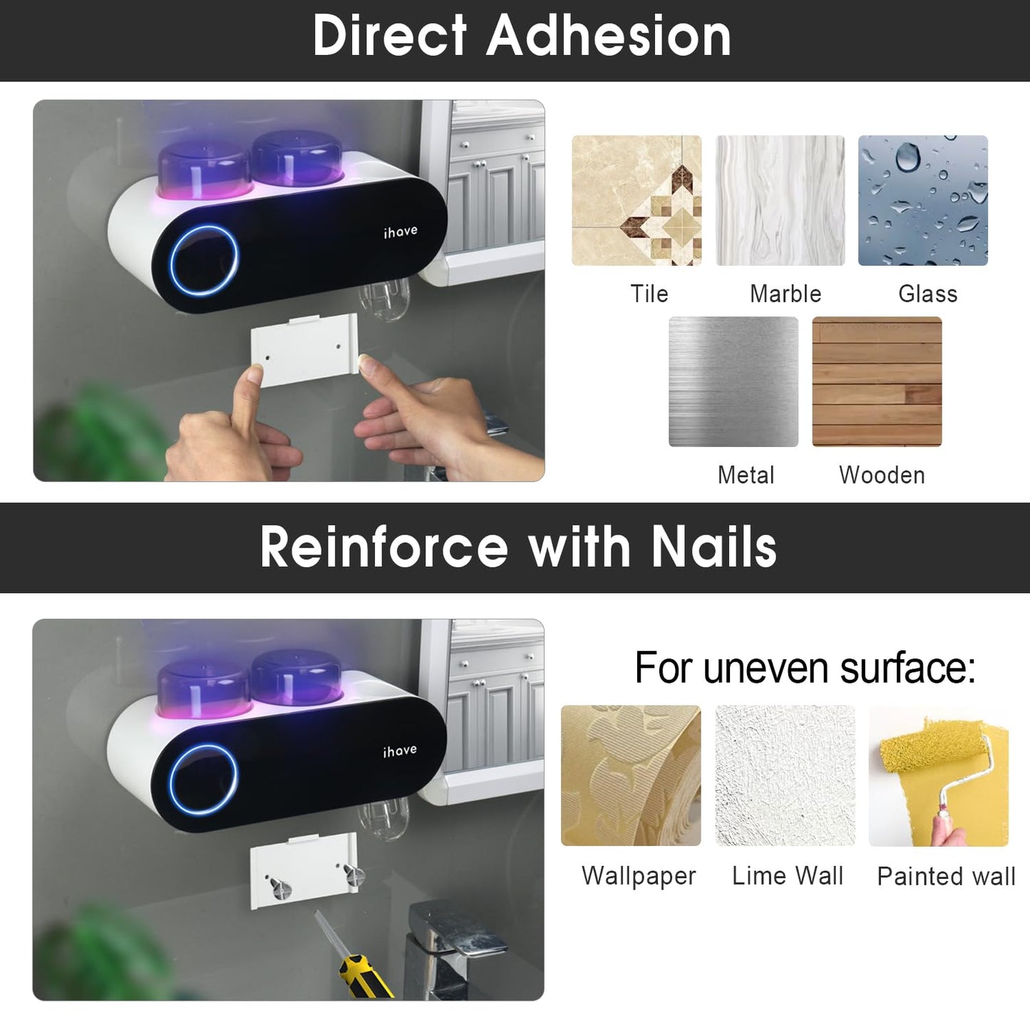 iHave Toothbrush Holders for Bathrooms, UV Toothbrush Sanitizer and Holder Smart Home Bathroom Accessories, 2 Cups Electric Toothbrush Holder Wall Mounted with Toothpaste Dispenser Bathroom Decor