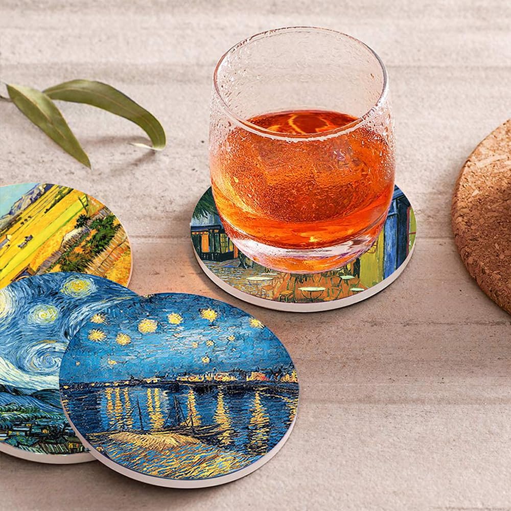 Heideryafei 4 Inch Round Marble Coasters, Van Gogh Art Painting Style Beverage Coasters with Storage Rack 8-Piece Set