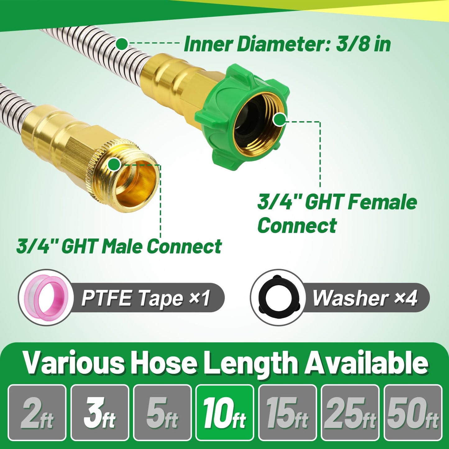 Short Garden Hose with Male to Female Connector - 10ft Metal Leakproof Leader Hose for Hose Reel, Heavy Duty 304 Stainless Steel Flexible Hose for Outdoor Garden Watering Car Pet Cleaning
