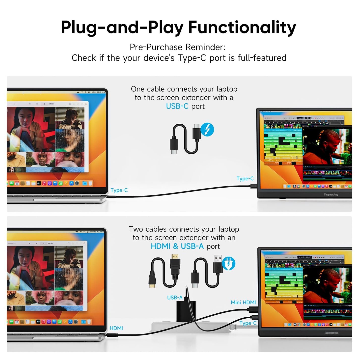 Dopesplay 15.6'' Portable Monitor, FHD 1080P Laptop Screen Extender, Ultra-Slim IPS HDR Travel Display with Speaker, Dual Full-Function USB-C & HDMI External Monitor for Mac PC Phone Xbox PS5 Switch