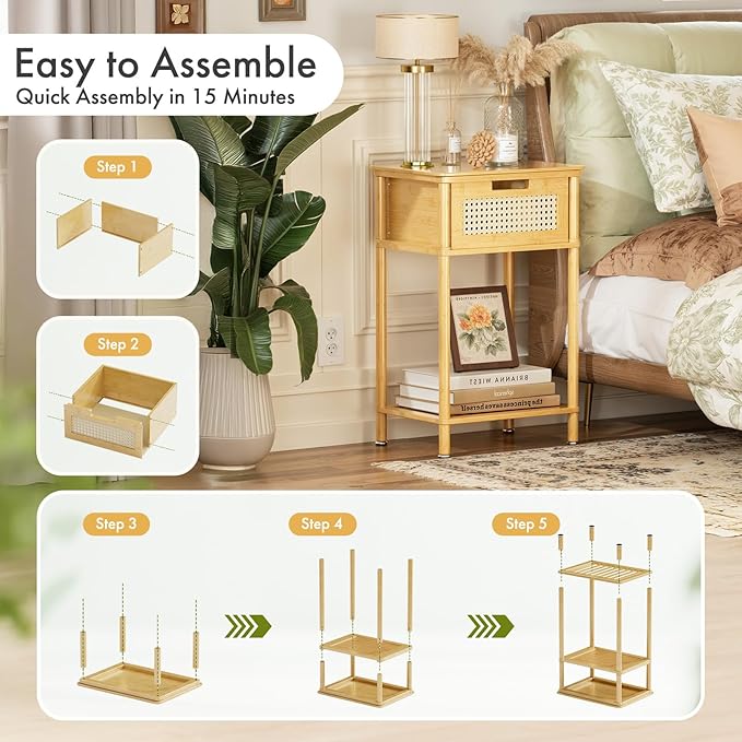 Bamboo Nightstand, Boho Side Table