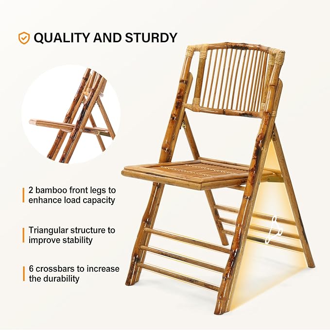 VINGLI Bamboo Folding Chair, Foldable Dining Wood Chairs Comfortable Seat