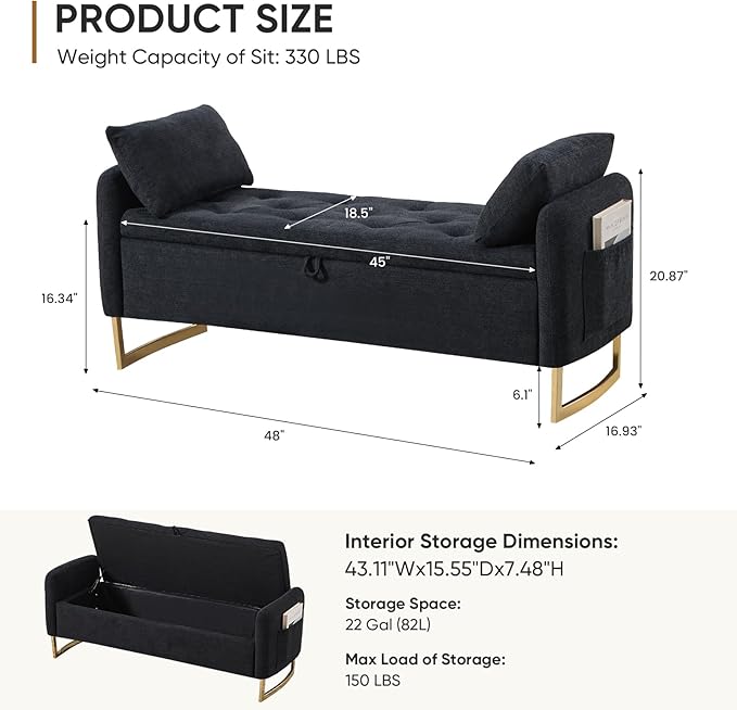 48" End of Bed Bench, Modern Storage Benches