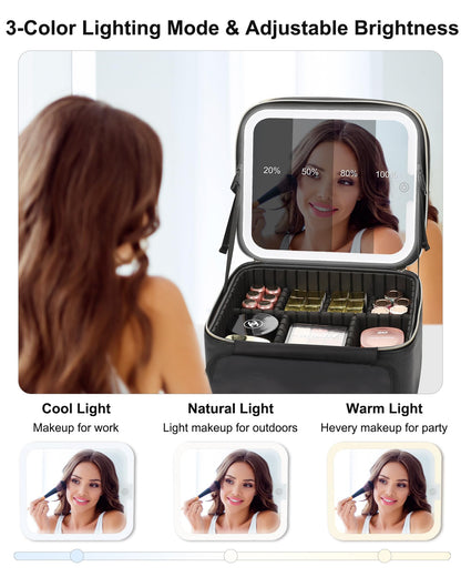 Relavel Travel Makeup Bag With LED Mirror, Cosmetic Train Case with Light up Mirror, Portable Makeup Artist Organizer Bag with Adjustable Dividers, Makeup Brush Holder Storage, Black