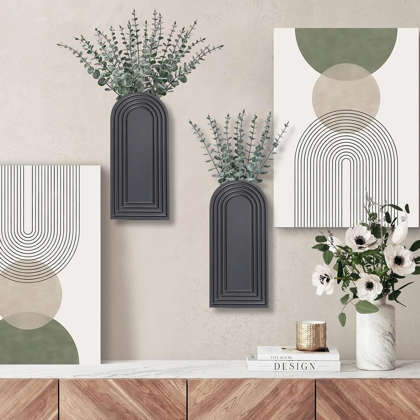 Dnnnii 2 Pack Wooden Wall Vase Set - Black Finish Modern Farmhouse & Boho Wall Decor for Entryway, Hallway, Bathroom, Living Room, Dining Room, Narrow Spaces