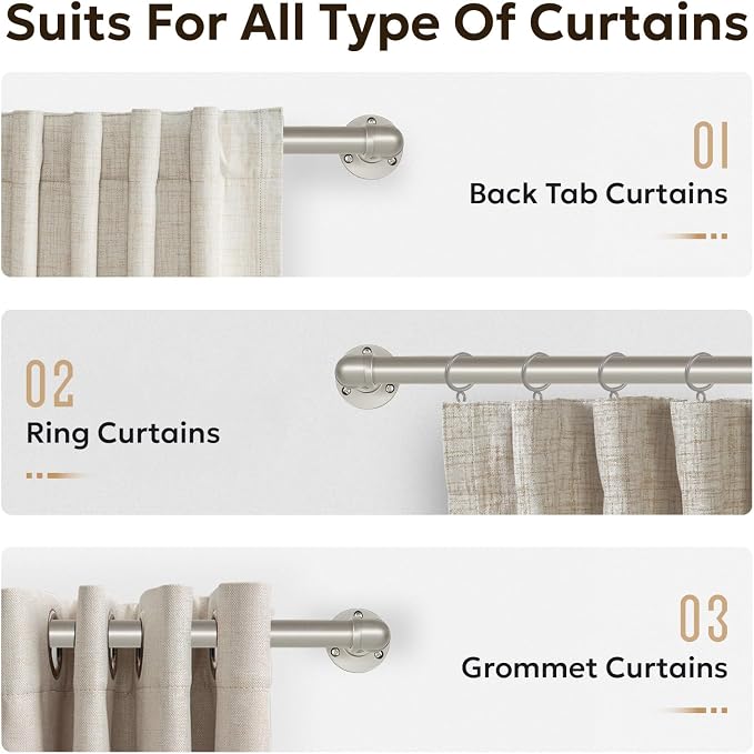 Zeerobee Curtain Rods for Windows 72 to 144, 1 Inch Industrial Wrap Around Brushed Nickel Curtain Rod, Indoor/Outdoor Room Divider Adjustable Drapery Pole, 72"-144"