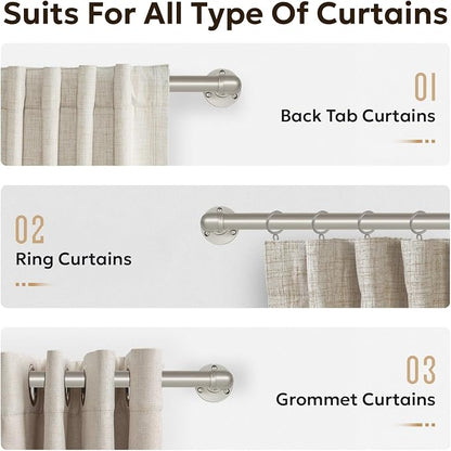 Zeerobee Curtain Rods for Windows 66 to 120, 1 Inch Industrial Wrap Around Brushed Nickel Curtain Rod, Indoor/Outdoor Room Divider Adjustable Drapery Pole, 66"-120"