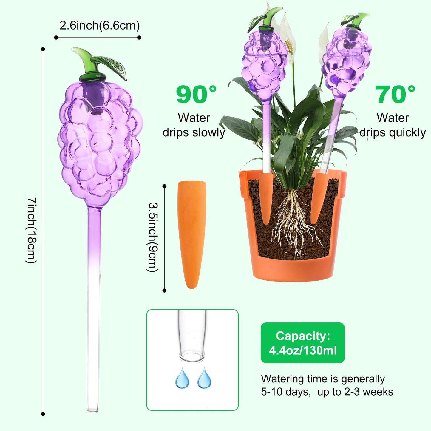 Yurucenus 3 Packs Grape Plant Watering Globes with Terracotta Stakes, Glass Self-Watering Planter Insert, Automatic Watering Bulbs for Indoor & Outdoor Plants, Refillable via Top Opening