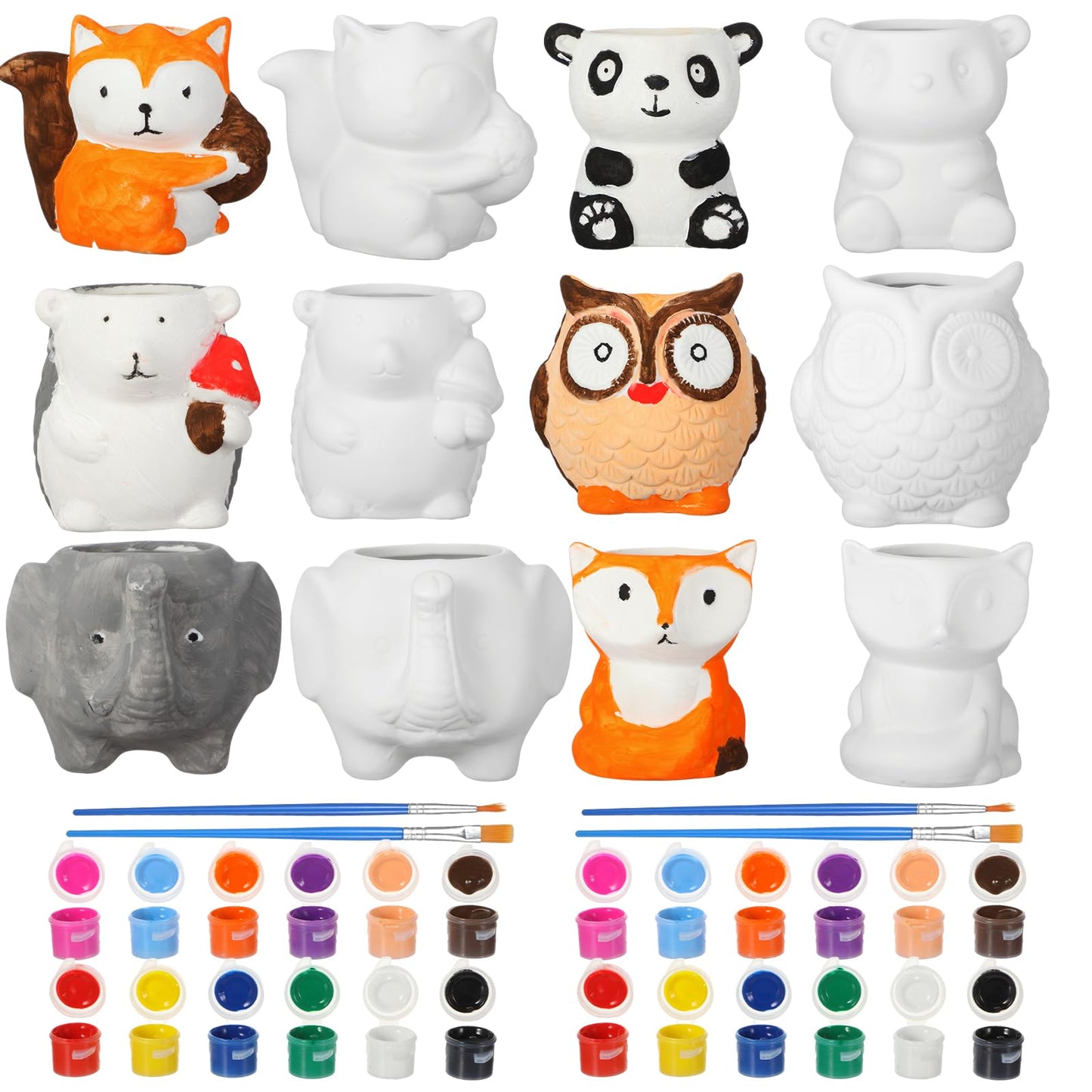 Sunnychicc 12 Sets Christmas DIY Ceramic Animal Succulent Pots Figurines Unpainted Ceramic Bisque Paintable Animal Flowerpots with Drainage Hole Ready to Paint for Kids Classroom Craft Project