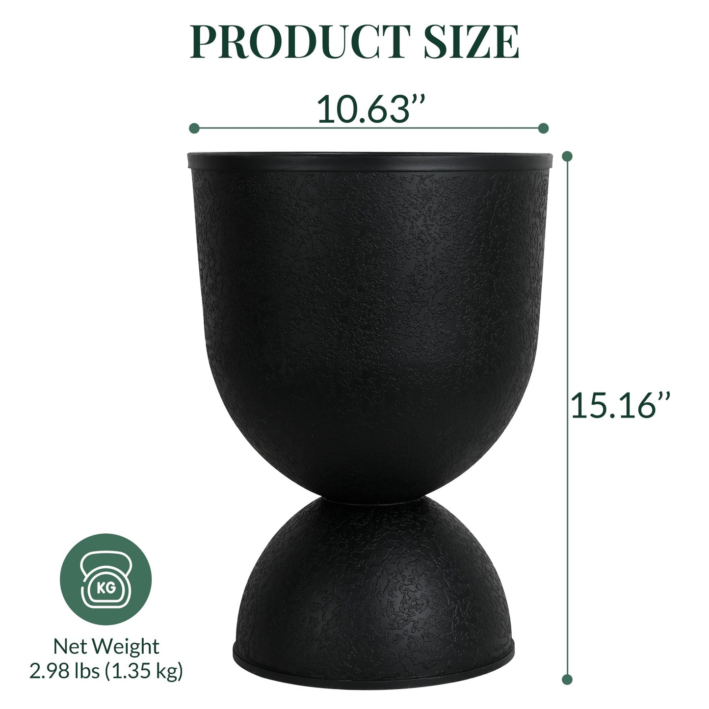 KOL Planters Flower Pots, Plastic Urn Planters for Indoor Outdoor Plants, Black Pedestal Planter Pots 2 Pack, 15 Inch Tall Decorative Planters with Drainage Holes & Plugs for Front Porch Patio Garden