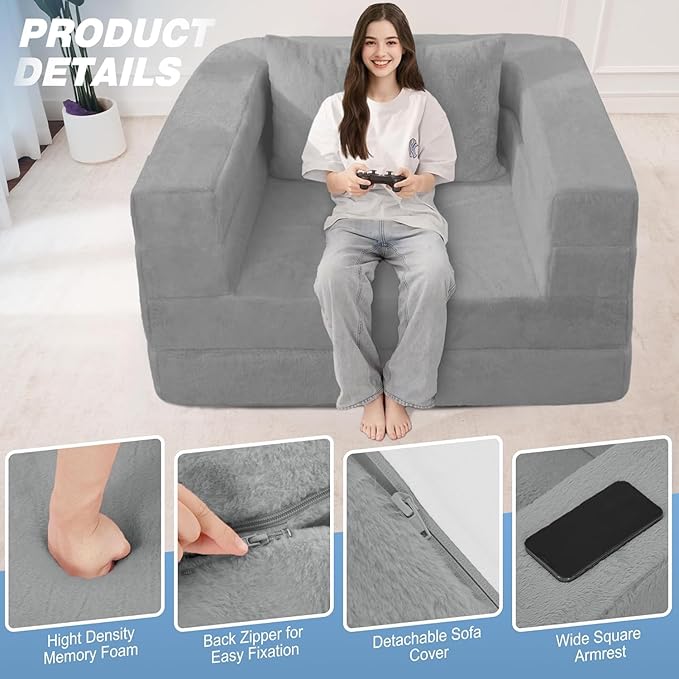 Futon Sofa Bed with Pillow, 3-in-1 Sleeper Sofa Bed with Removable Cover