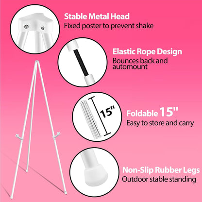 63" White Easel Stand for Wedding Sign Poster Display Easel Folding Art Easel for Floor Adjustable Metal Easel Instant Tripod Easel for Display Painting Wedding Shower Sign Easel, 1Pack