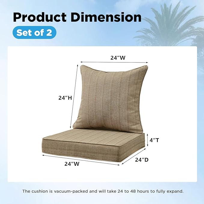 Outdoor Deep Seat & Back Cushion Set, 24 x 24 Inch Water Repellent and Fade