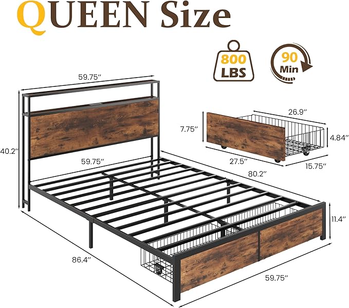 Lifezone Queen Bed Frame with 2-Tier Storage Headboard, Metal Bed Frame with