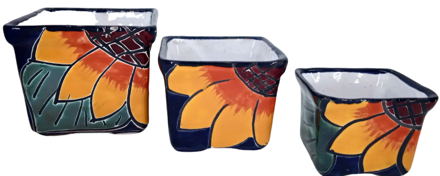 MEXTEQUIL Talavera Hand-Painted Flower Pots (Set of 3) - 2.8" Sunflower Design - Authentic Mexican Pottery Planters for Succulents