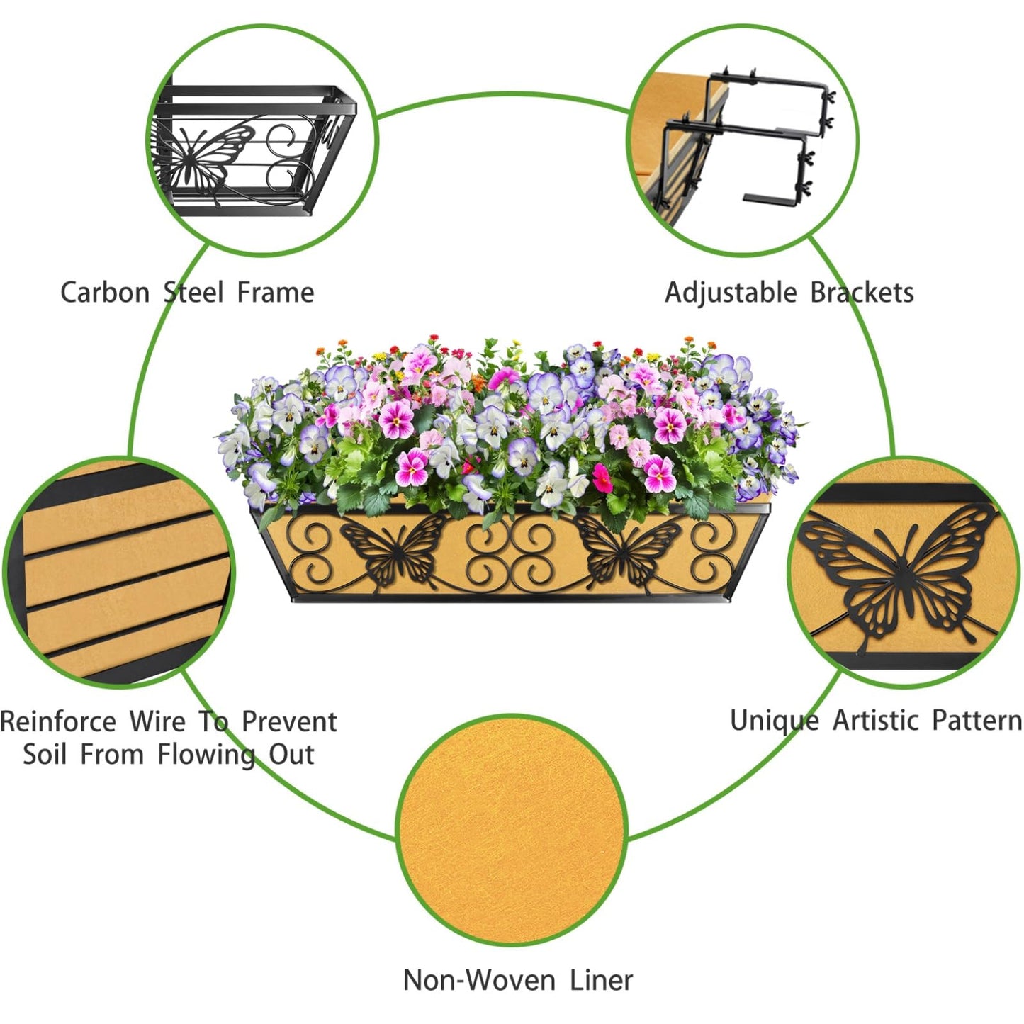 Karlliu 2 Pack 24 Inch Window Boxes Planters Railing Planter Box with Adjustable Brackets for Porch Fence Patio Balcony Hanging Flower Baskets with Woven Fabric for Outdoor Garden Decor - Black
