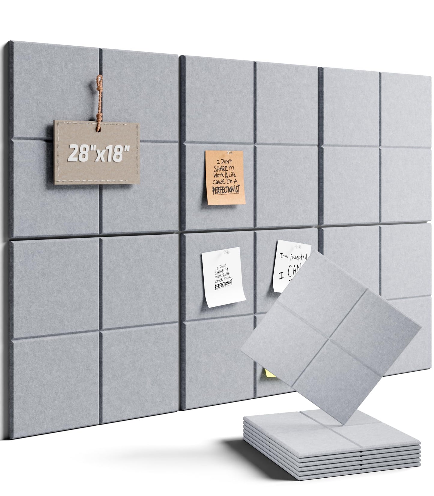 Felt Bulletin Board Tiles -28"x18" Cork Board Alternative for Office Decor, Push Pin Board Wall Organizer 6-Pack - Soft Gray