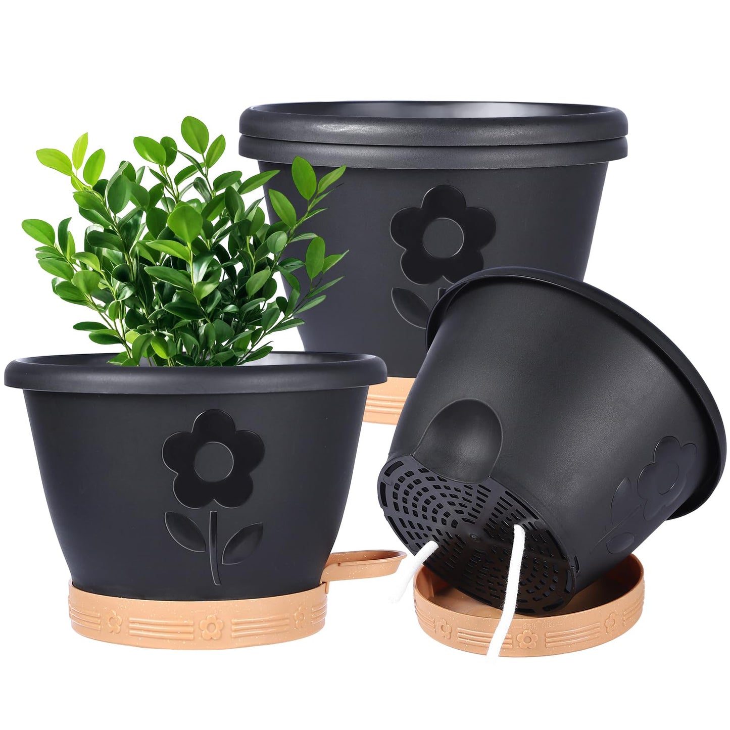 XMPBFYH Plant Pots, Flower Pots for Indoor/Outdoor Plants, Self Watering Plastic Planters Pots with Drainage Holes, Saucer & Reservoir, Decorative Nursery Planting Pots(10 Inch Set of 4) (Black)
