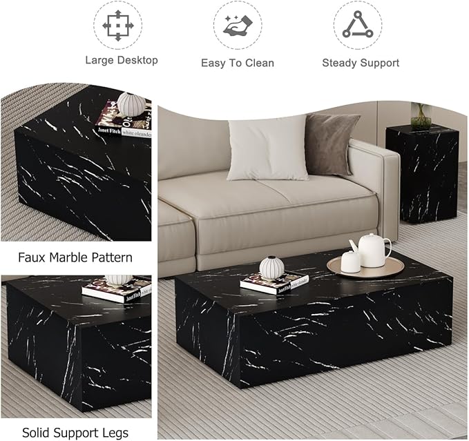 Coffee Table Living Room Table, Modern Black Faux Marble Center Couch Table