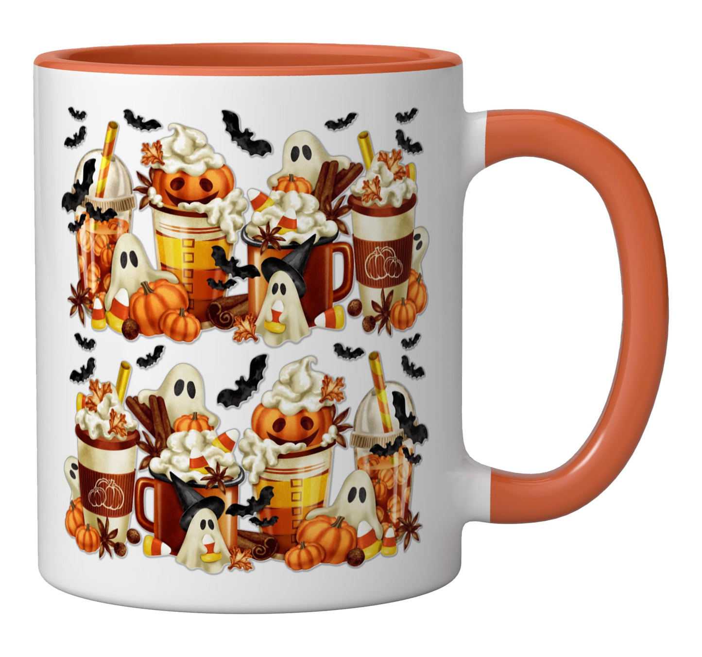Halloween Pumpkin Spice Funny Ghost Bats Decor Candy Corn Ceramic Mug, Orange/White