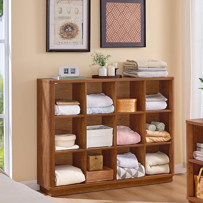 Joaxswe 12 Cube Storage Organizer, Wood Floor Standing 3-Tier Cubby Bookcase