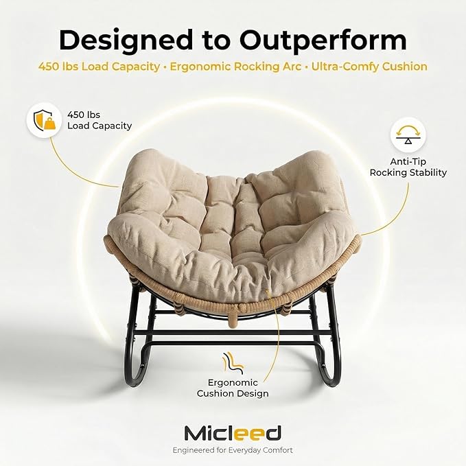 Oversized Papasan Rocking Chair Outdoor, Comfy Patio Papasan Egg Rocker