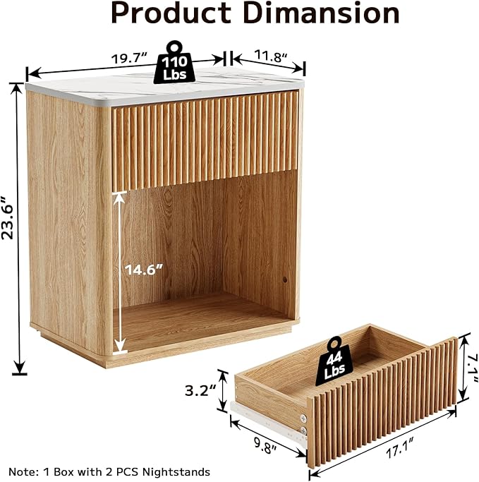 Modern Fluted Nightstand Set of 2
