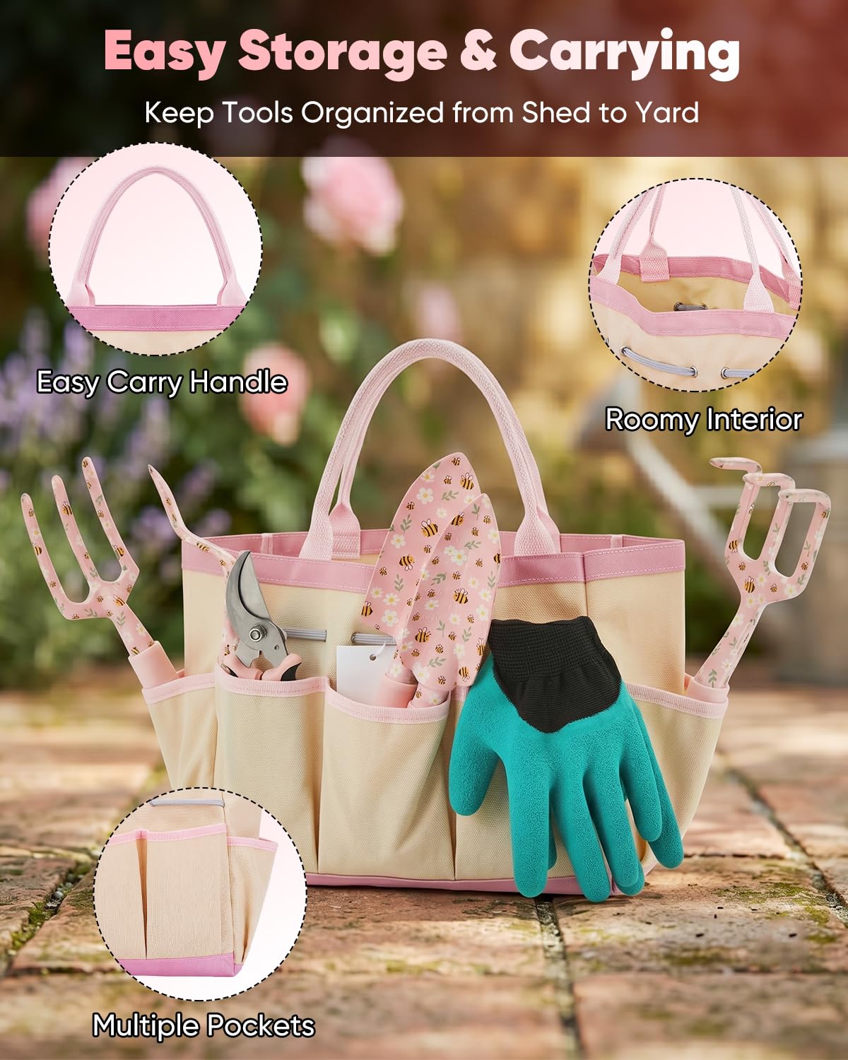 Garden Tool Set Gardening Tools - Heavy Duty Aluminum Tool Kit with Non-Slip Handle, Gardening Gloves and Tool Bag for Weeding, Planting and Pruning, Gifts for Women Mom (Pink Set)