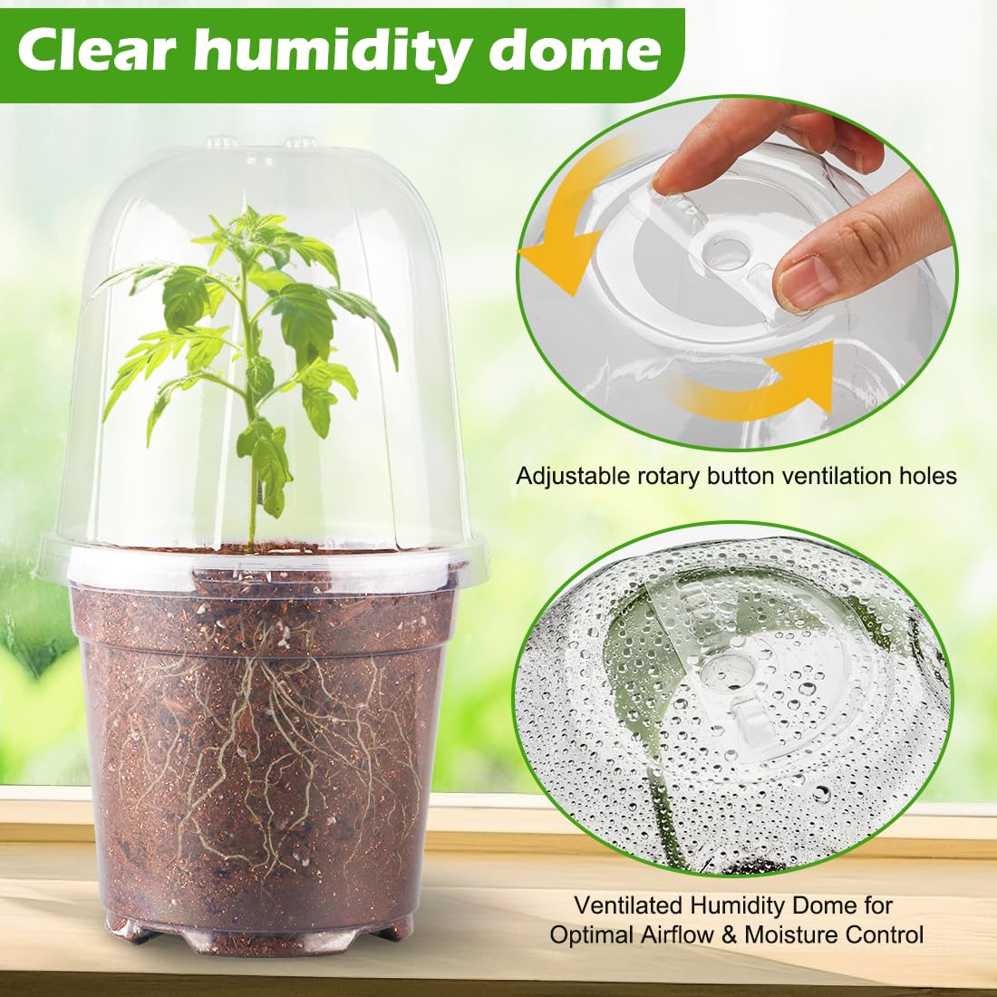 RooTrimmer 6 Inch Clear Nursery Pots with Humidity Dome, 15 Pack Durable Seed Starting Pot with Drainage Holes, Transparent Plastic Plant Seedling Pots for Indoor Gardening Plants
