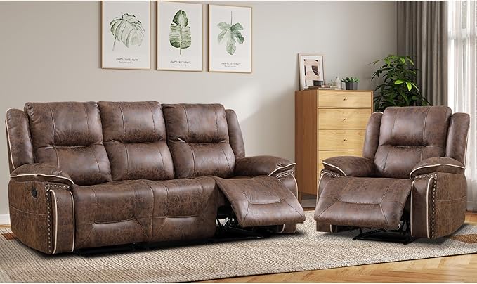 EBELLO Faux Leather Manual Recliner Sofa Set, 1 Seat Reclining Chair and a 3
