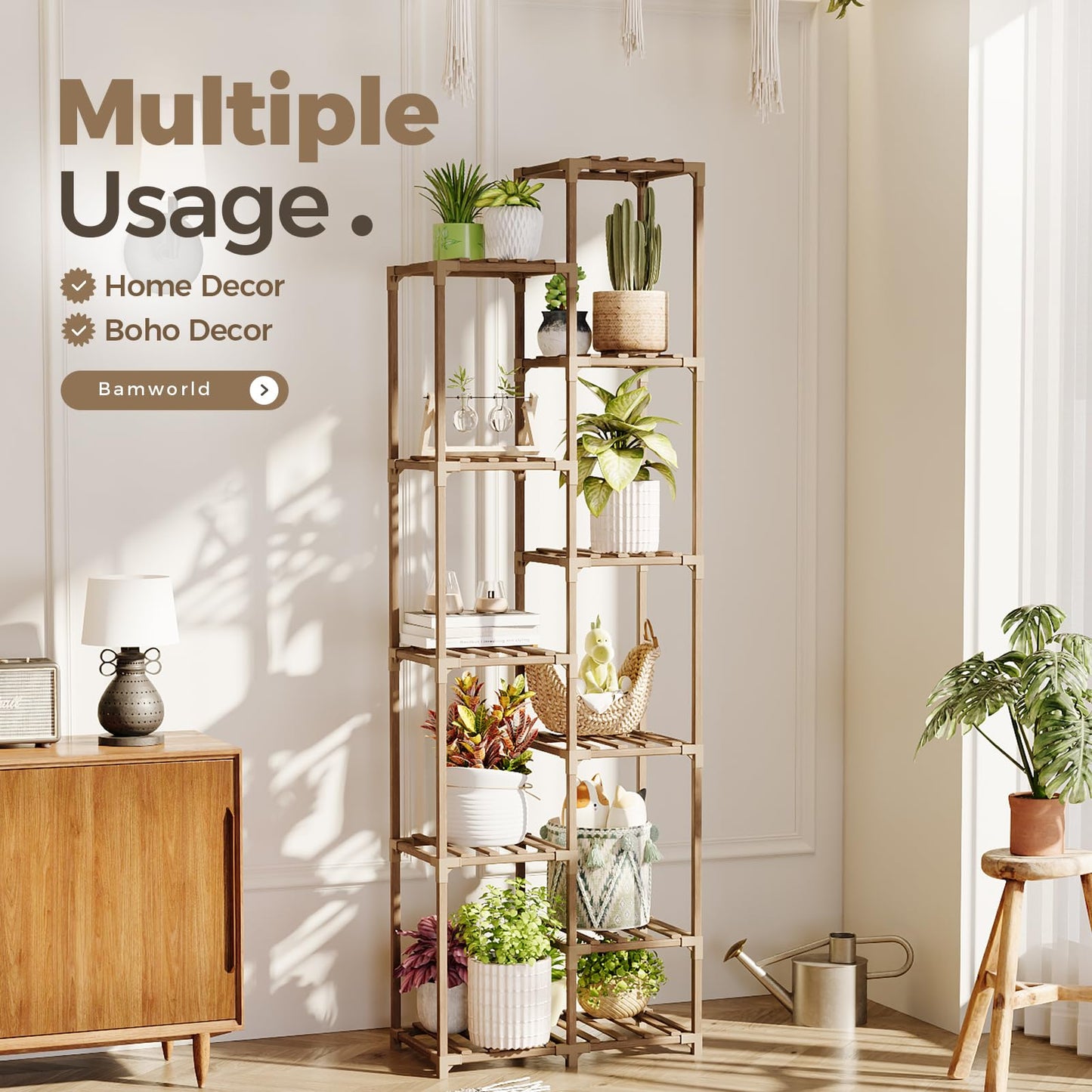 Bamworld Plant Stand Indoor Outdoor 11 Tier Tall Large Wood Plant Shelf Multi Tier Flower Stands Garden Shelves Wooden Plant Display Holder Rack for Living Room Corner