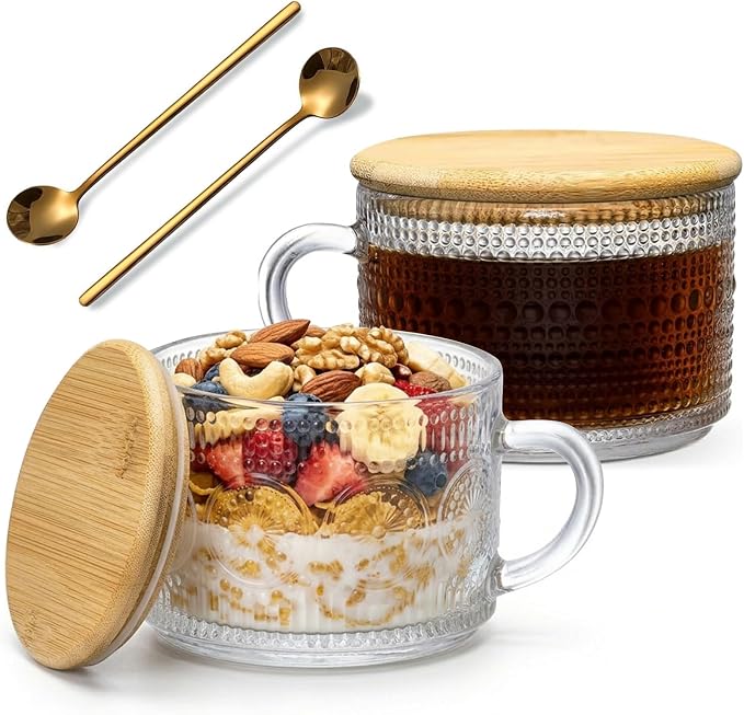 DOPUDO Vintage Glass Coffee Mugs, Overnight Oats Containers With Lids,Glass Cup With Sealed Lid and Spoon,Glass Coffee Mugs, Coffee Bar Accessories, Ideal for Cappuccino, Latte(2-Pack,14oz)