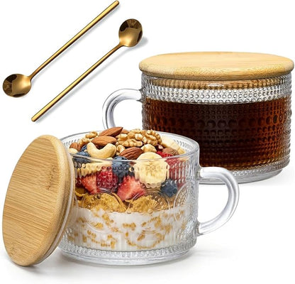 DOPUDO Vintage Glass Coffee Mugs, Overnight Oats Containers With Lids,Glass Cup With Sealed Lid and Spoon,Glass Coffee Mugs, Coffee Bar Accessories, Ideal for Cappuccino, Latte(2-Pack,14oz)