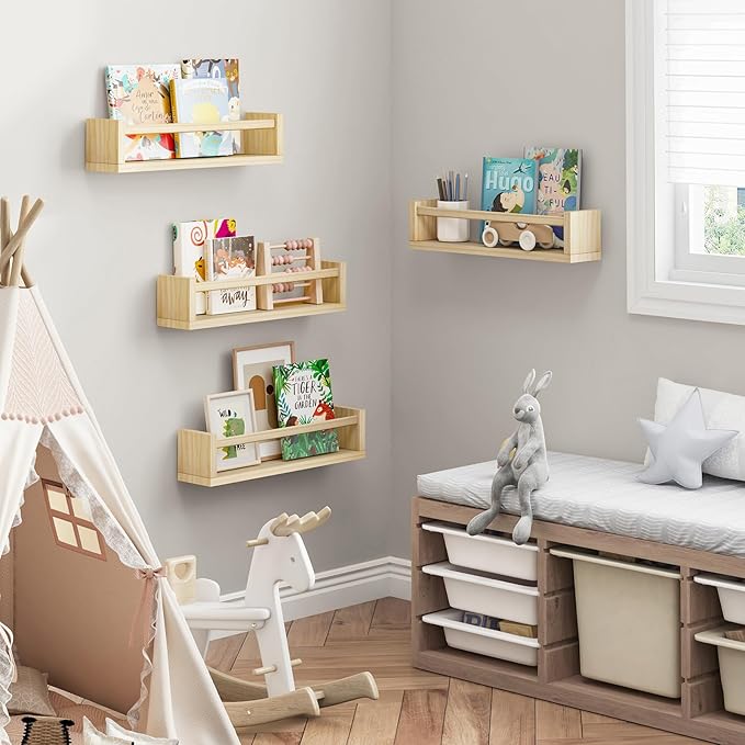 Fixwal Nursery Book Shelves, 16.5 Inch Floating Nursery Bookshelves, Solid Wood