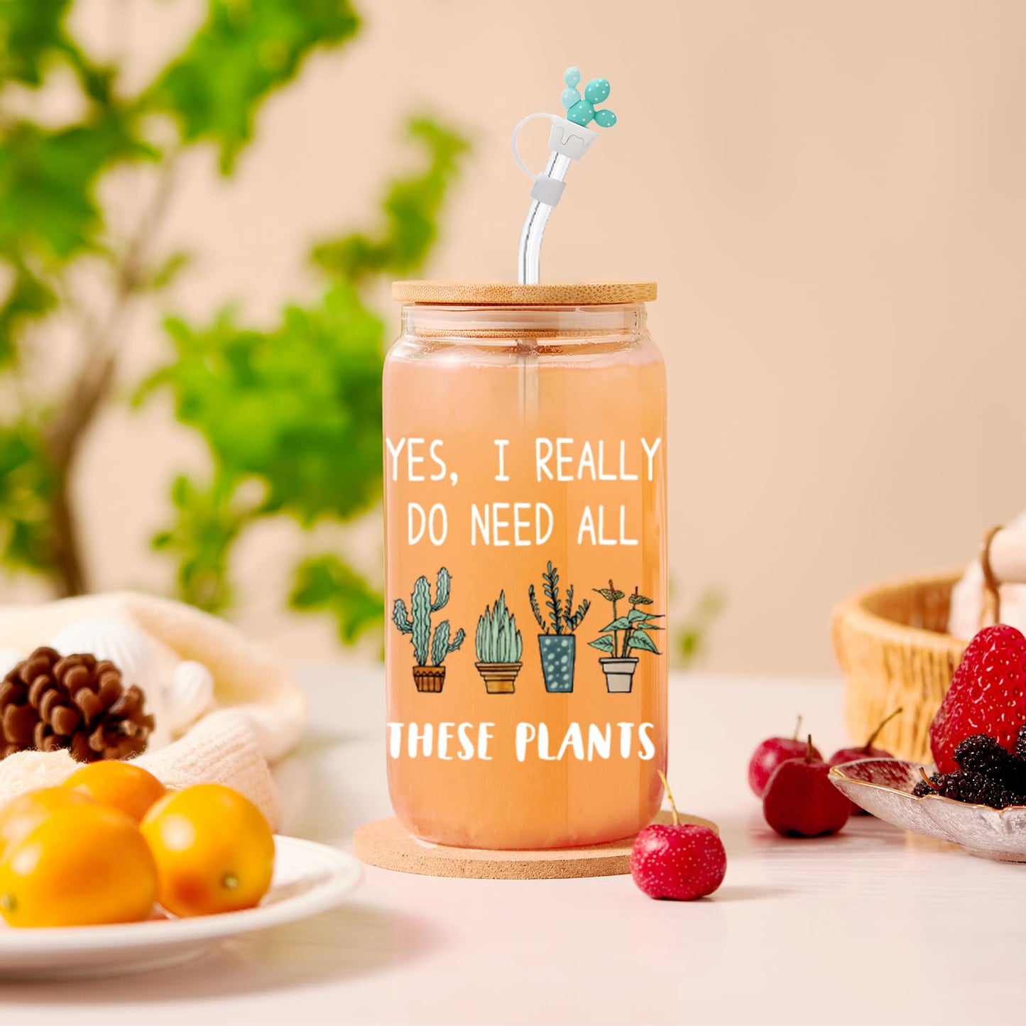 XiQiCYun Plant Lover Gifts for Women, Cool Gardening Gifts for Plant Lady Mom, Funny Succulent Cactus Iced Coffee Glass Cup with Lid and Straw, Tote Bag, Socks, and Straw Covers