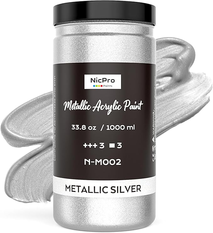 Nicpro Metallic Silver Acrylic Paint, 33.8oz/1000ml Large Silver Leaf Paint