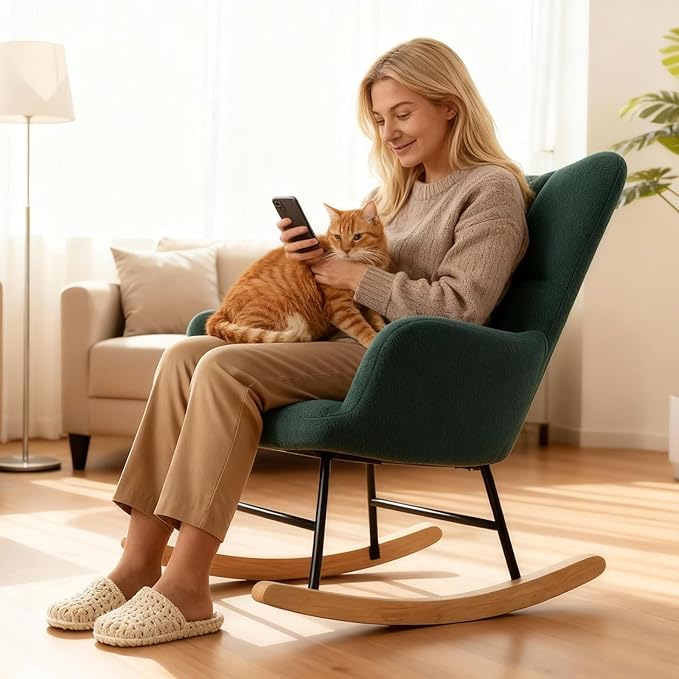 DUMOS Rocking Chair with Wing Backrest, Teddy Comfy Upholstered Indoor Reading